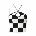 Black and White Checkered Halter Crop Top - Checkerboard Print Keyhole Cutout Crisscross Strappy Knit Crop Top for Women