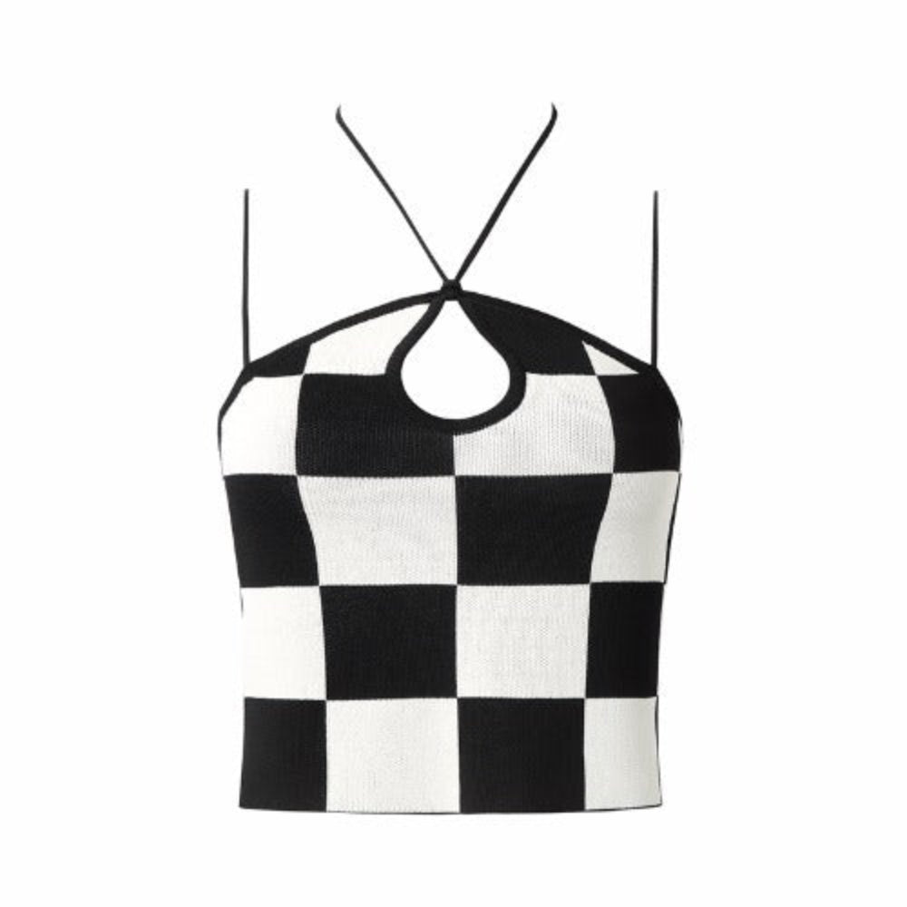 Black and White Checkered Halter Crop Top - Checkerboard Print Keyhole Cutout Crisscross Strappy Knit Crop Top for Women