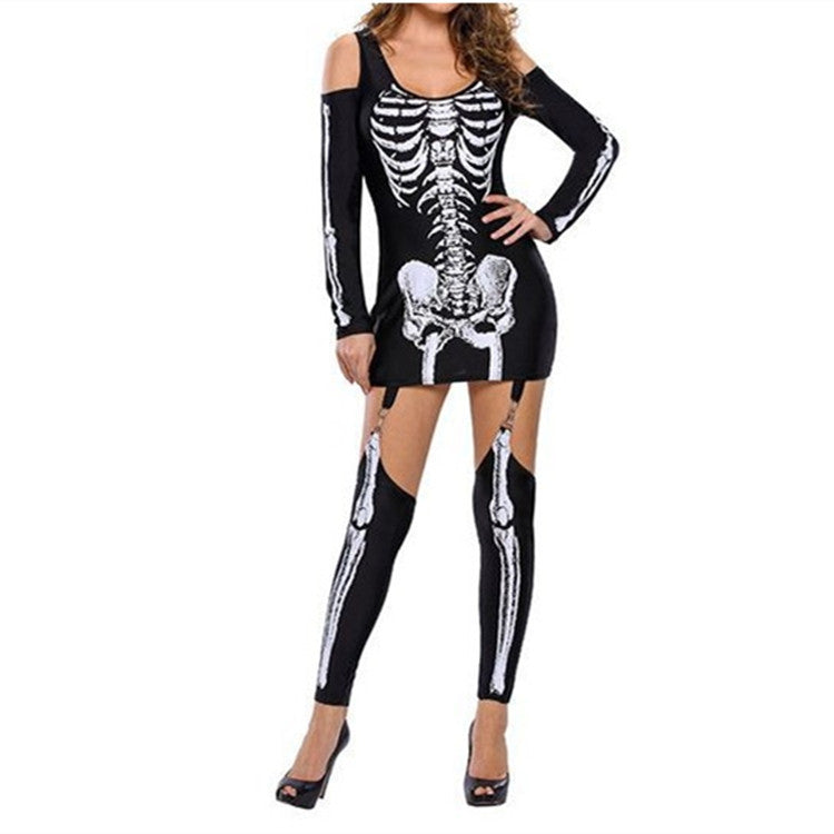 Skull Skeleton Print Off-Shoulder Costume - Halloween 2025