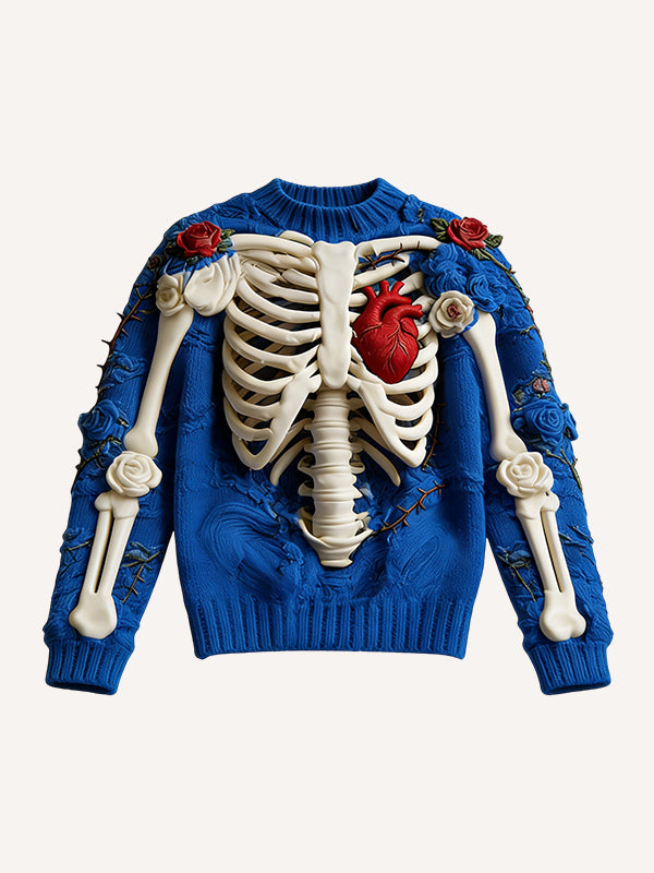 Blue knit sweater with a 3D ribcage, red heart, roses, and thorn embroidery, product photo on a cream background.