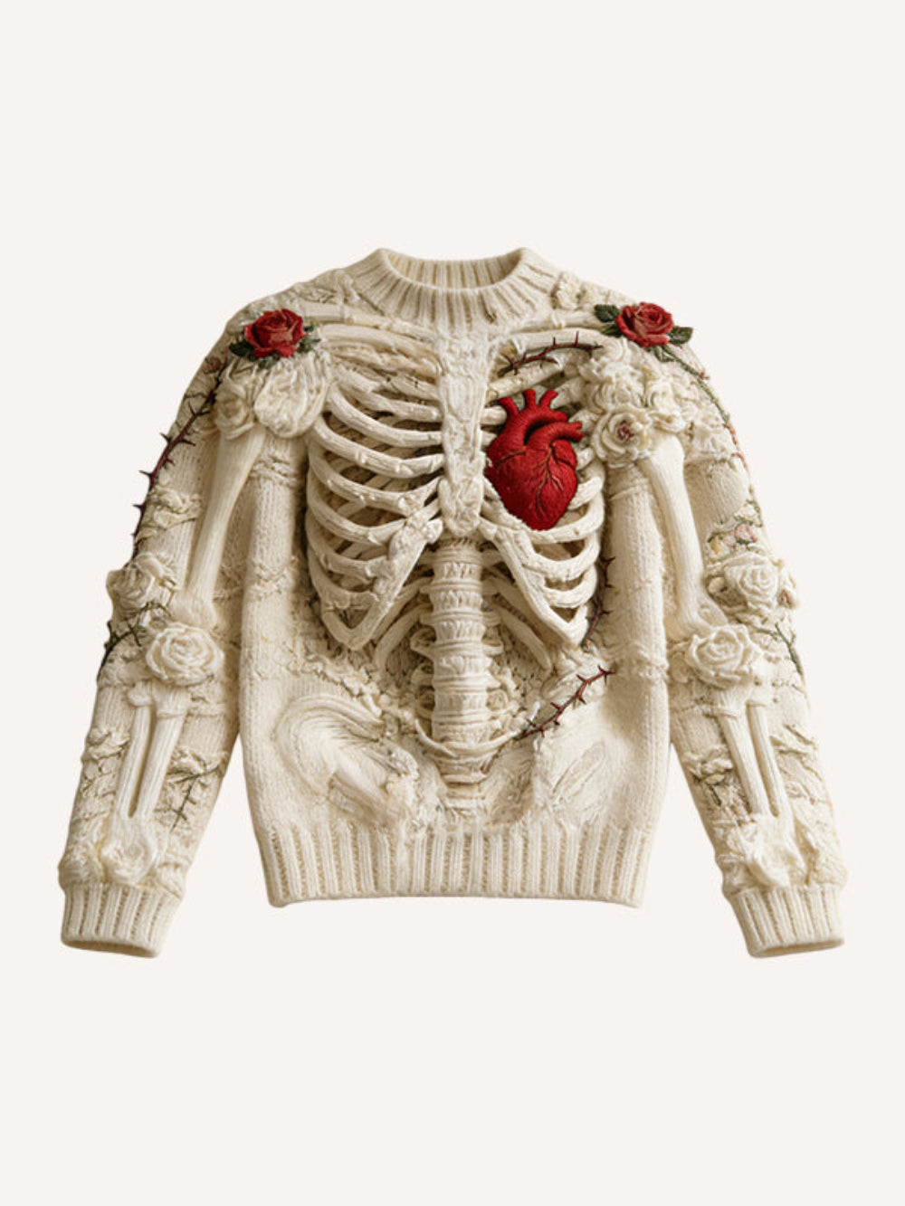 White knit sweater with a 3D ribcage, red heart, roses, and thorn embroidery, product photo on a cream background.