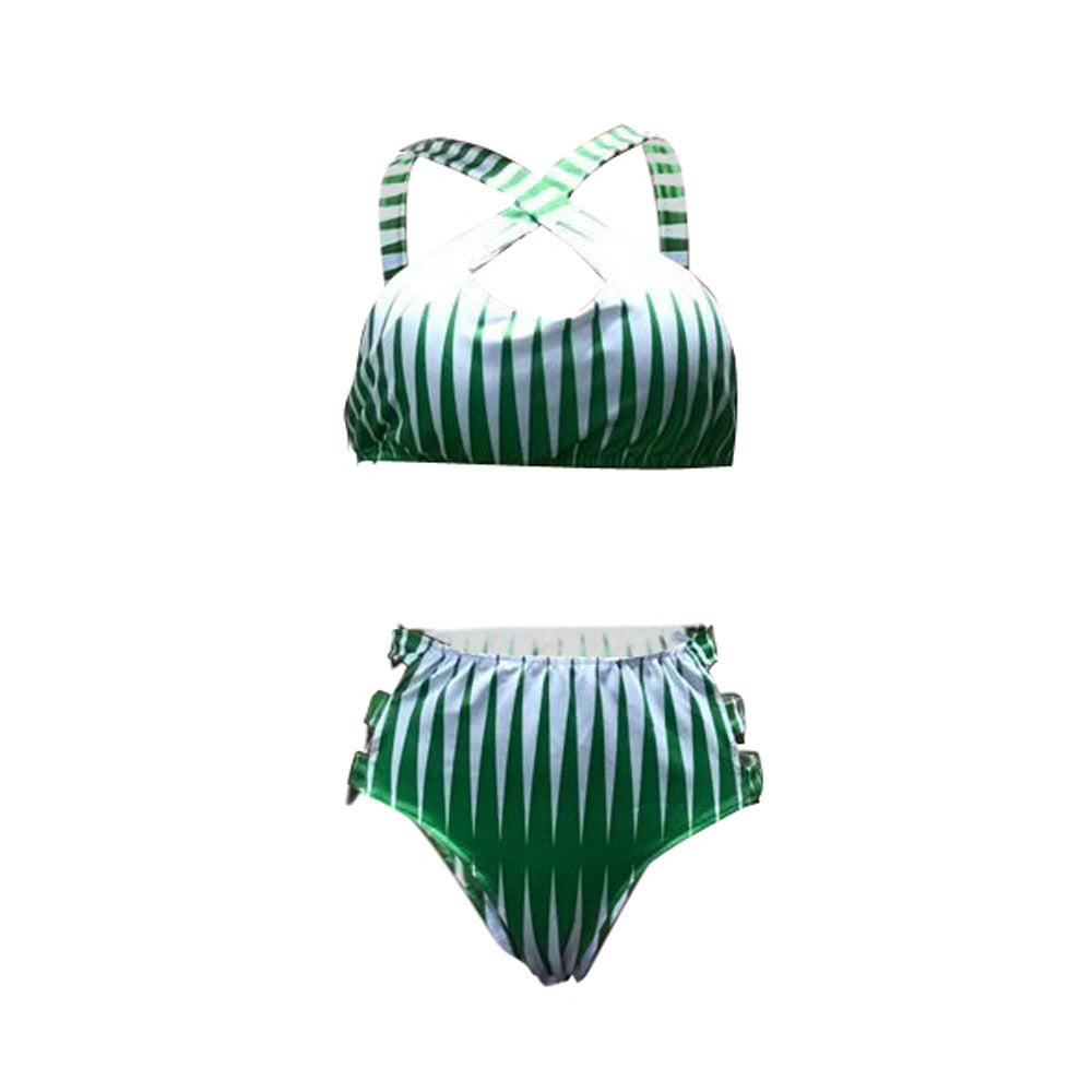 Green and white striped bikini set on a white background