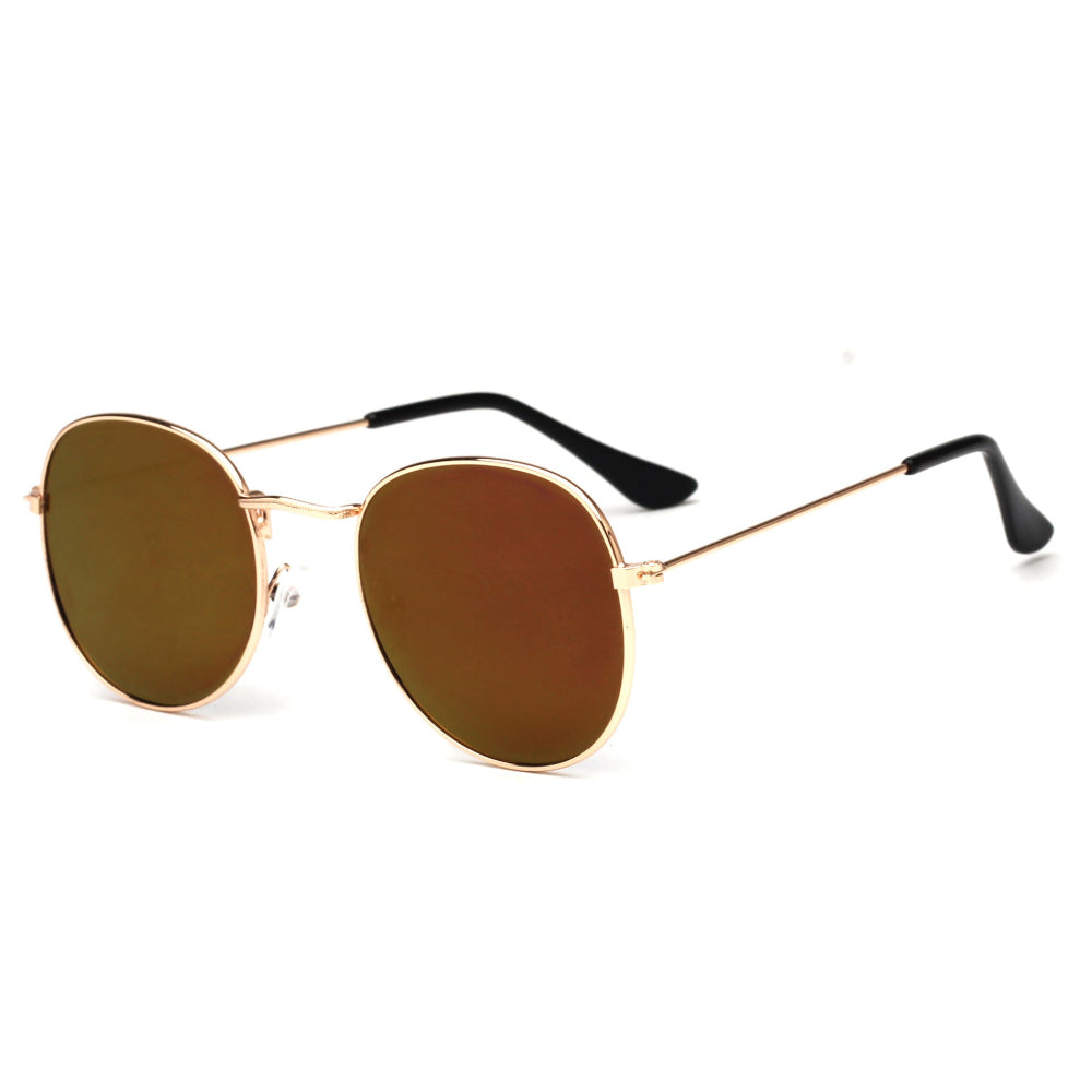 Stylish gold metal round sunglasses featuring reflective brown/bronze mirrored lenses and sleek black temple arms