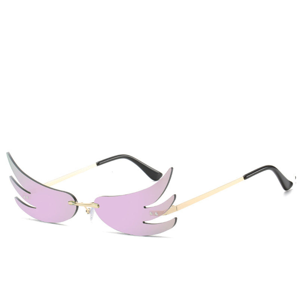 Rimless pink-lavender wing-shaped sunglasses with gold temples, product photo on a white background.