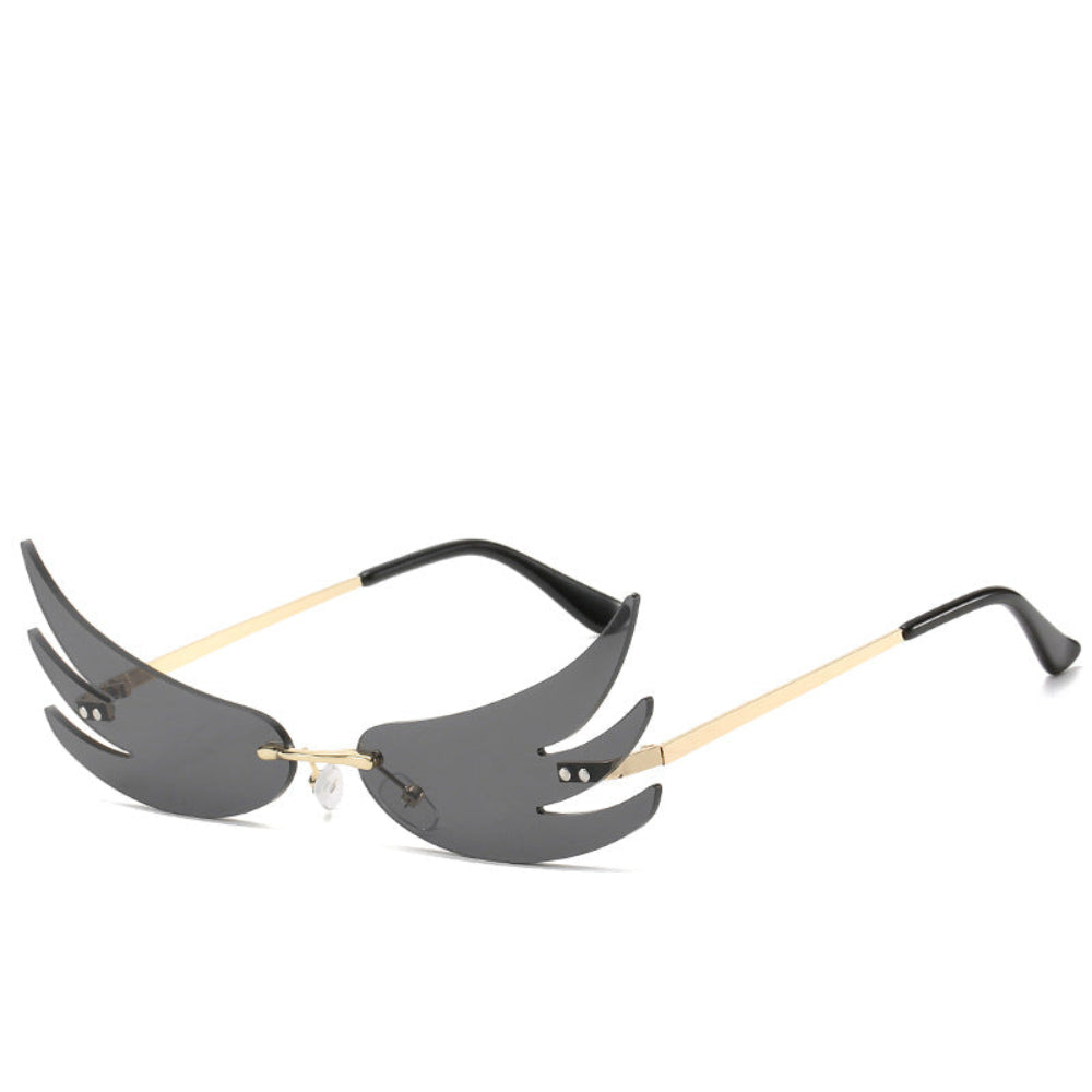 Rimless black wing-shaped sunglasses with gold temples, product photo on a white background.