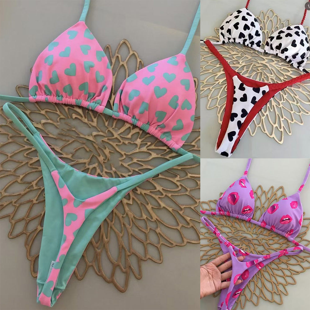 Collage of colorful bikini sets on a decorative surface