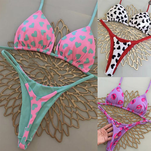 Collage of colorful bikini sets on a decorative surface