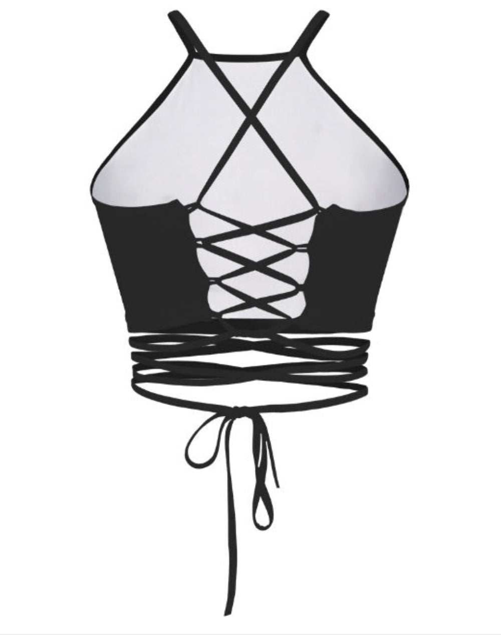 Black halter crop top with sheer mesh back panel, crisscross corset lacing, and multi-strap tie-back detail, shown from the back on white background.