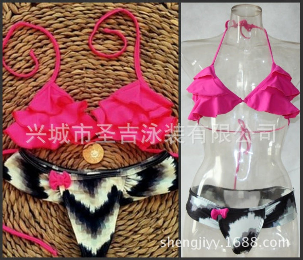 Pink ruffled halter bikini top with black white tie-dye bikini bottom on mannequin and flat lay.