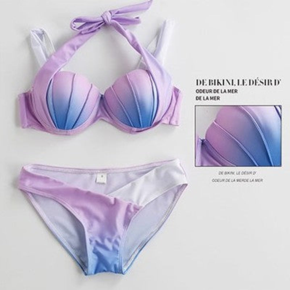 Purple and blue bikini set with gradient effect on a white background