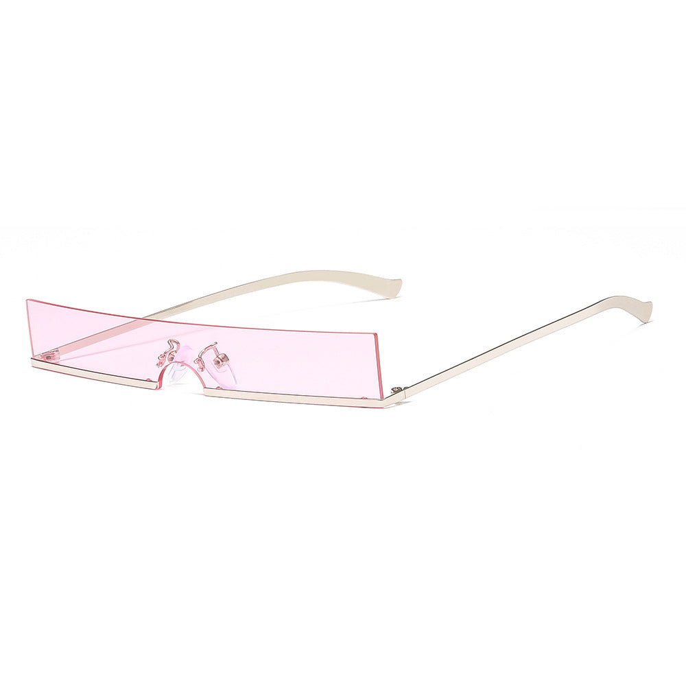 Rimless rectangular sunglasses with pink lenses and silver temples, product photo on a white background.
