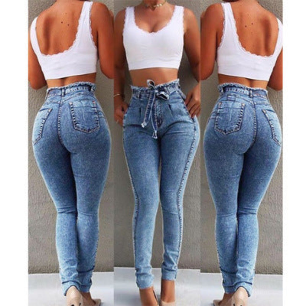 Three-panel collage of woman modeling light blue high-waisted skinny jeans and a white crop top, showcasing front, side, and back views. Trendy casual denim fashion photography for Boutique Jolie.