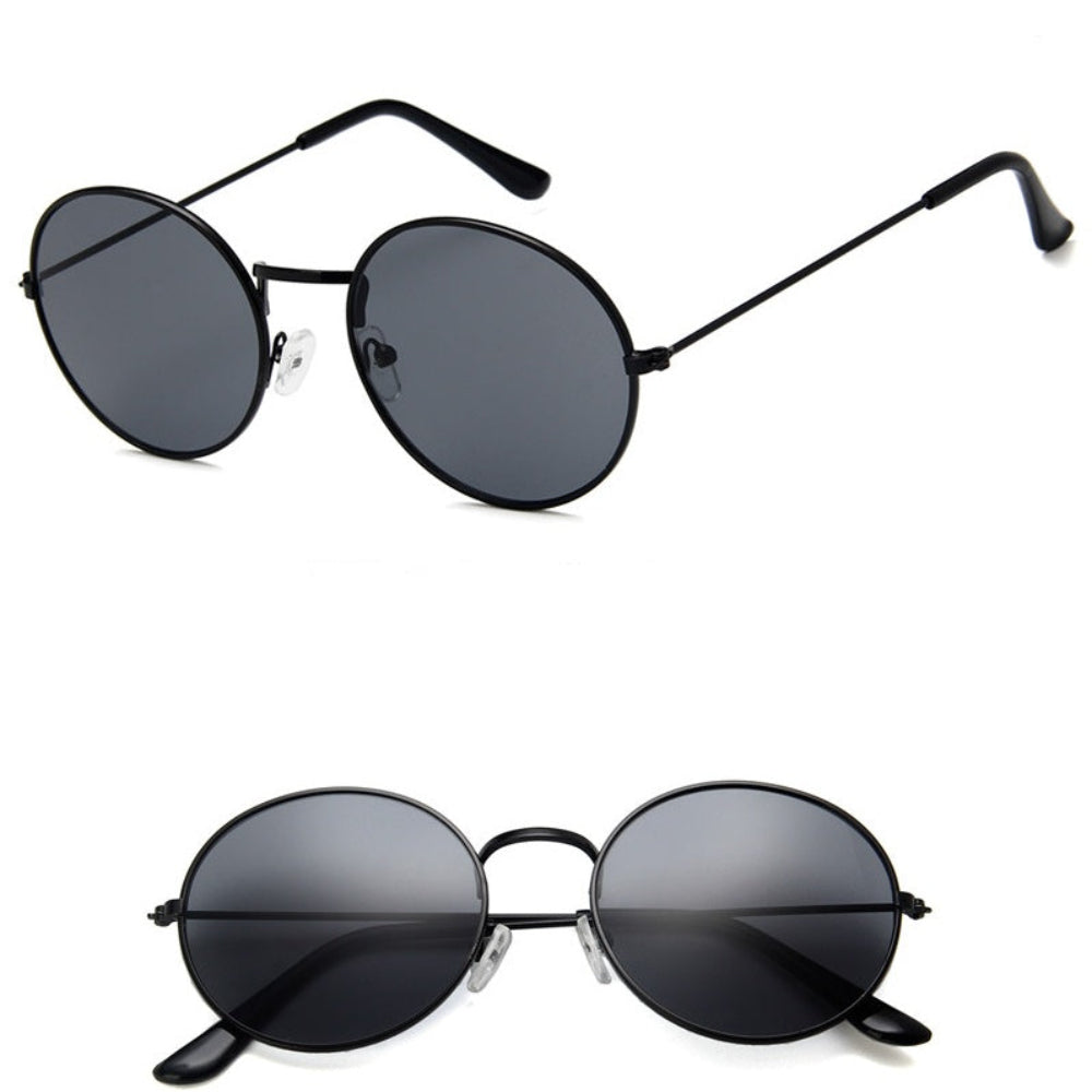 Stylish matte black metal round sunglasses featuring dark smoke tinted lenses, shown from multiple angles