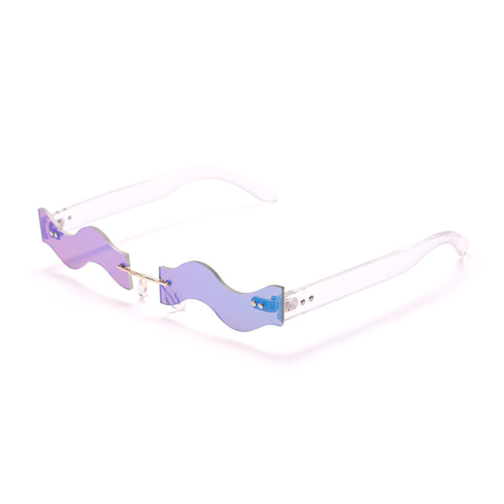 Rimless wavy sunglasses with purple-blue lenses and clear temples, product photo on a white background.