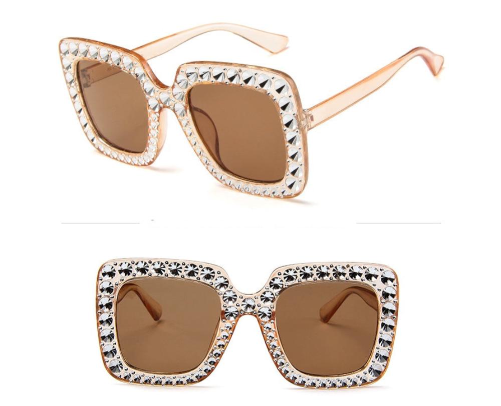 Champagne oversized square sunglasses with brown lenses and crystal-studded frames, product photos on a white background.