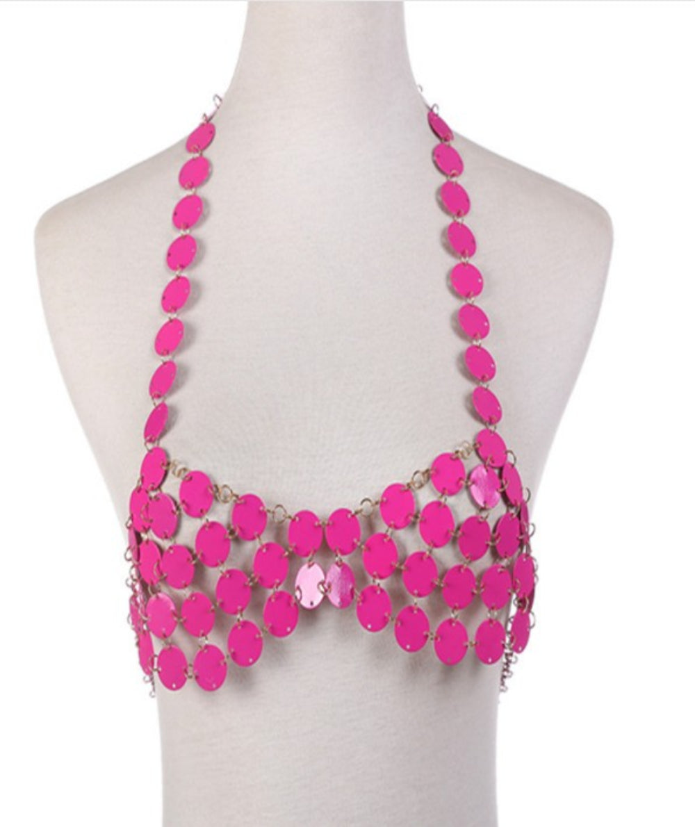 Pink coin disc halter top with multi-row dangling sequin design, displayed on a mannequin.