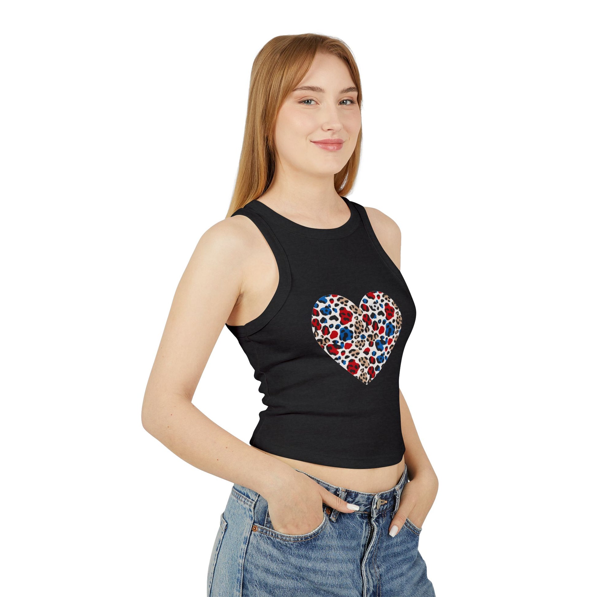 4th of July Leopard Heart Women's Micro Rib Crop Tank Top