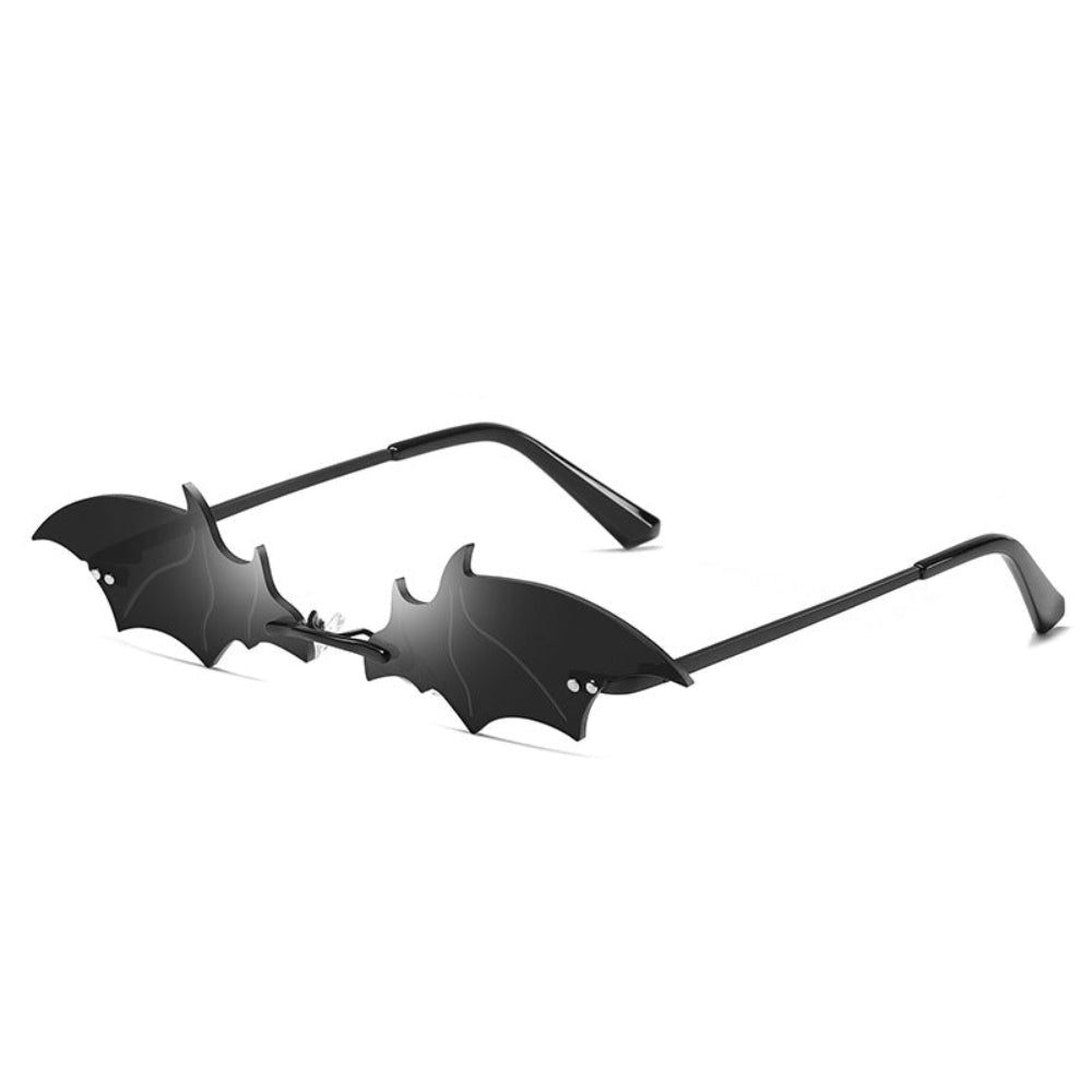 Rimless black bat-wing sunglasses with black temples, product photo on a white background.