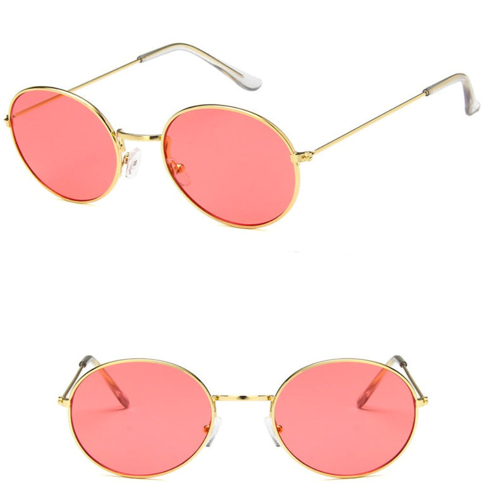 Stylish gold metal round sunglasses featuring vibrant pink tinted lenses, shown from multiple angles