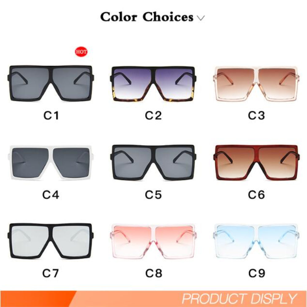 Various color options of sunglasses displayed with labels.