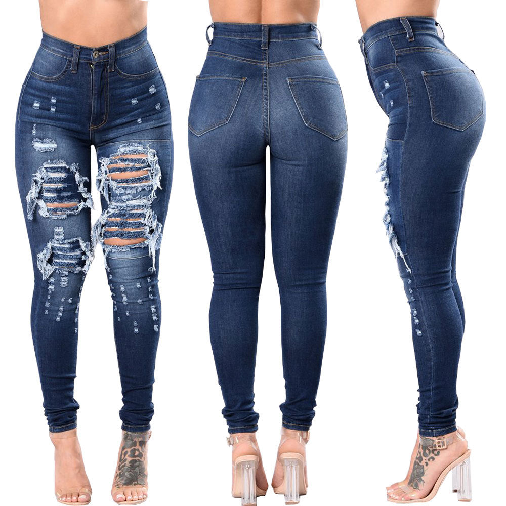 Three-panel collage displaying front, back, and side views of high-waisted dark blue skinny jeans with heavy distressing and large ripped holes on the thighs and knees. The jeans feature a figure-hugging fit, classic five-pocket styling, and subtle whiskering. Shown with clear high-heeled sandals and visible leg tattoos.