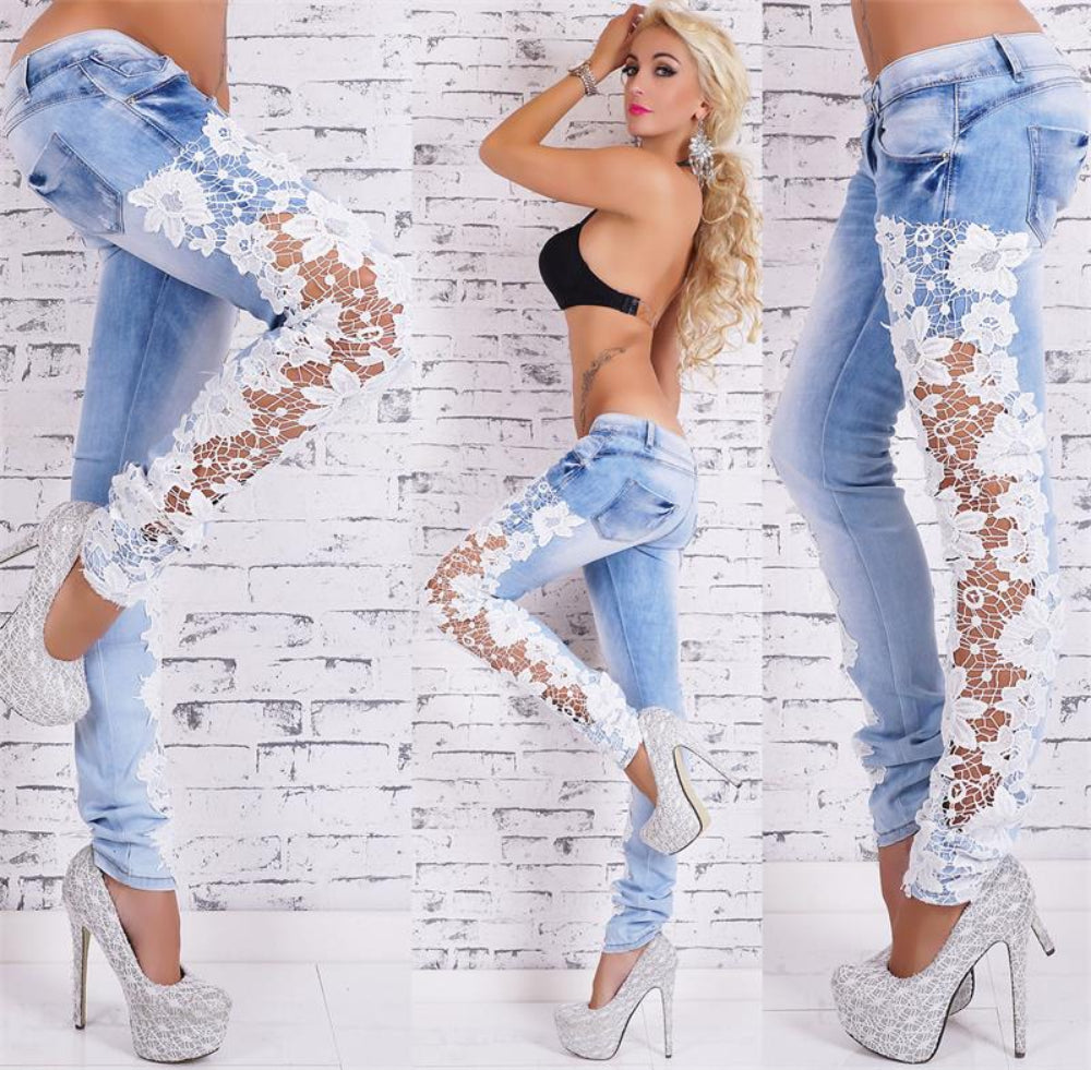 Collage of blonde woman modeling light blue skinny jeans with intricate white floral lace panels along the legs, styled with a black bra top and sparkling silver platform heels. Glamorous fashion photography for Boutique Jolie