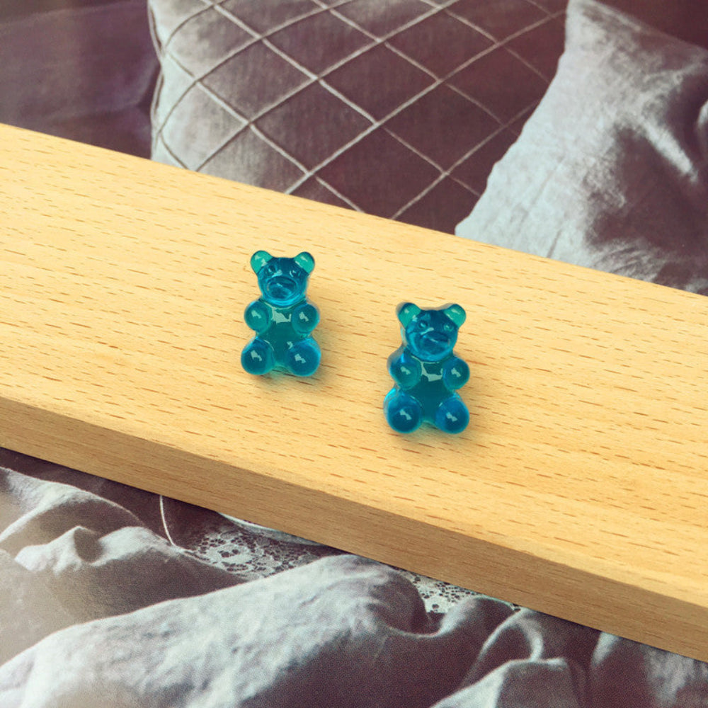 Bright blue translucent gummy bear stud earrings, cute jelly candy bear design with earring posts