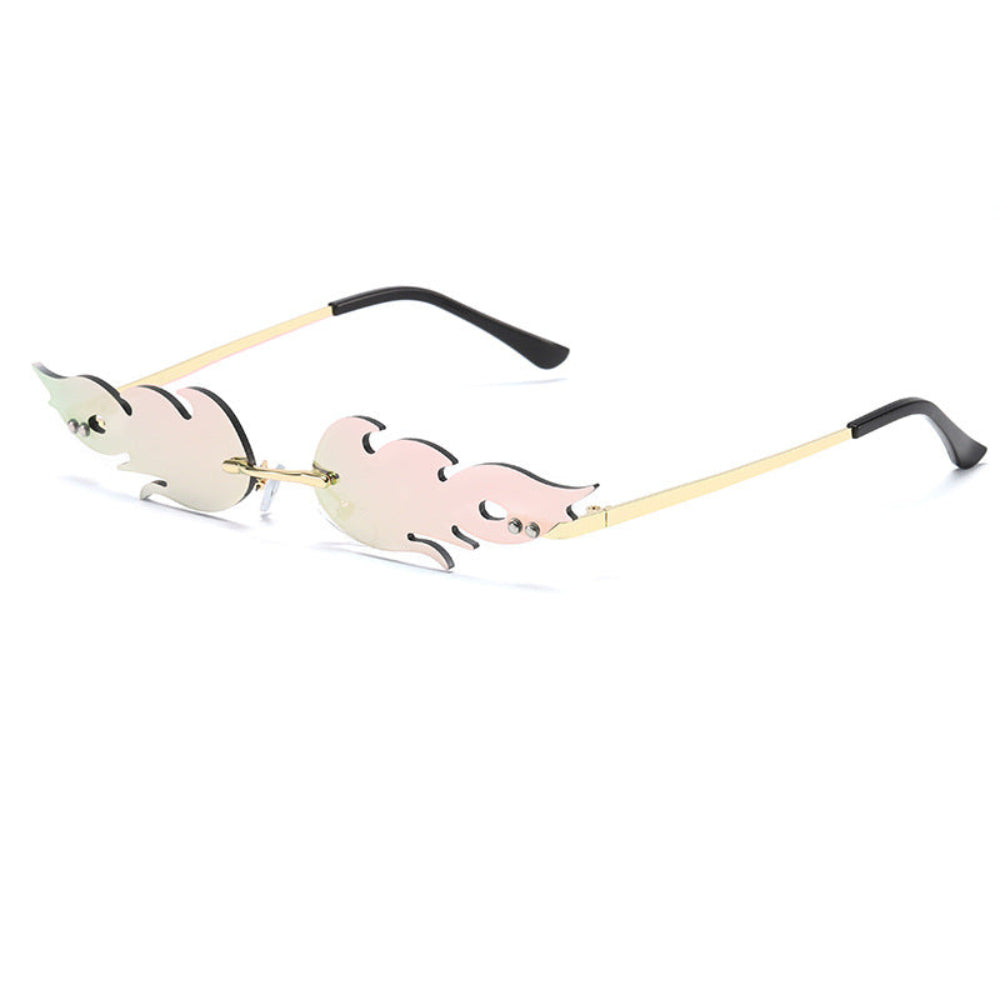 Rimless flame-shaped sunglasses with pale pink lenses and gold temples, product photo on a white background.