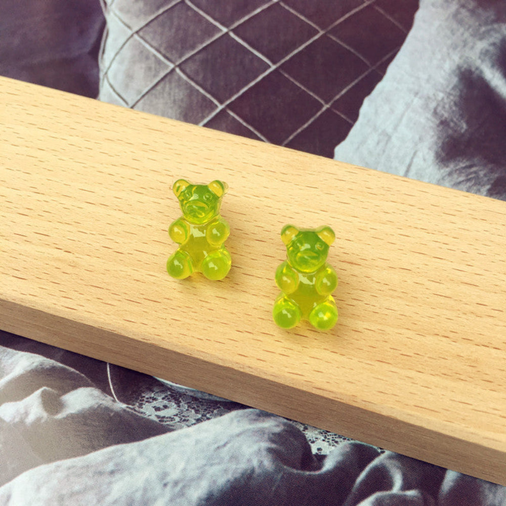 Bright lime green translucent gummy bear stud earrings, cute jelly candy bear design with earring posts