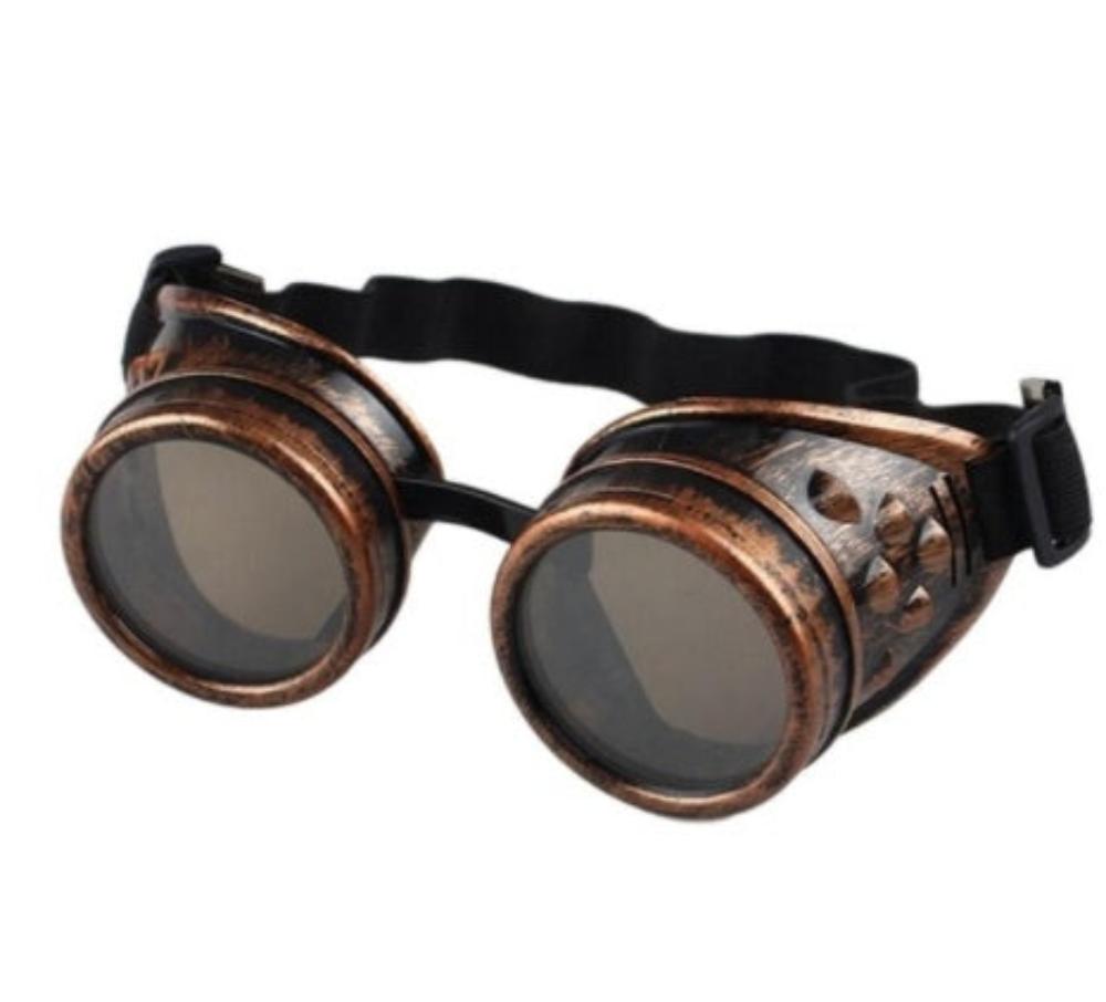 Copper steampunk welding goggles with dark round lenses and a black elastic strap, product photo on a white background.