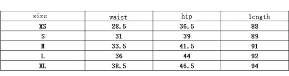 Clothing size guide table with five sizes (XS, S, M, L, XL) and corresponding measurements in inches: Waist (28.5–38.5), Hip (36.5–46.5), and Length (88–94).