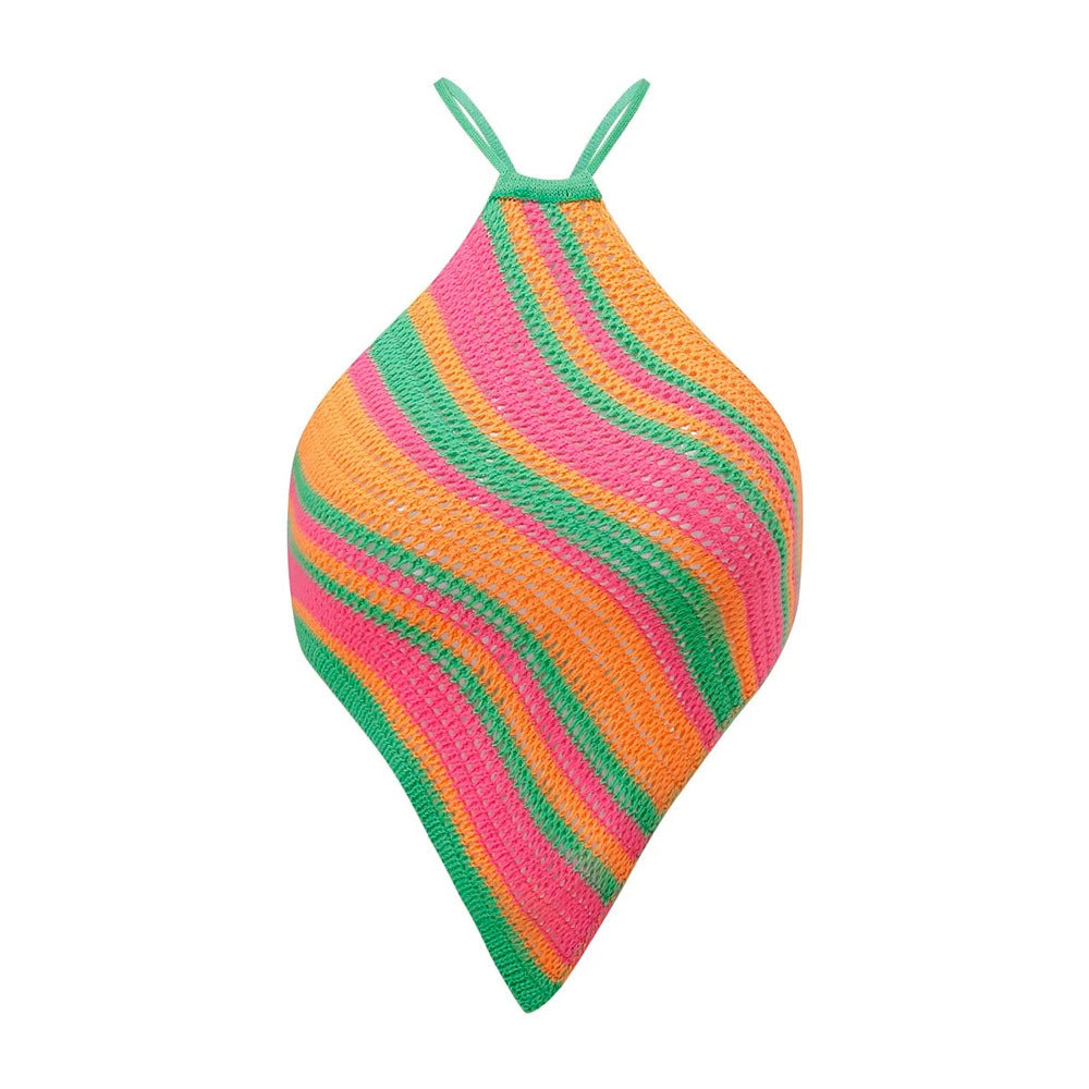 Multicolor striped ribbed knit halter top with green straps on white background.