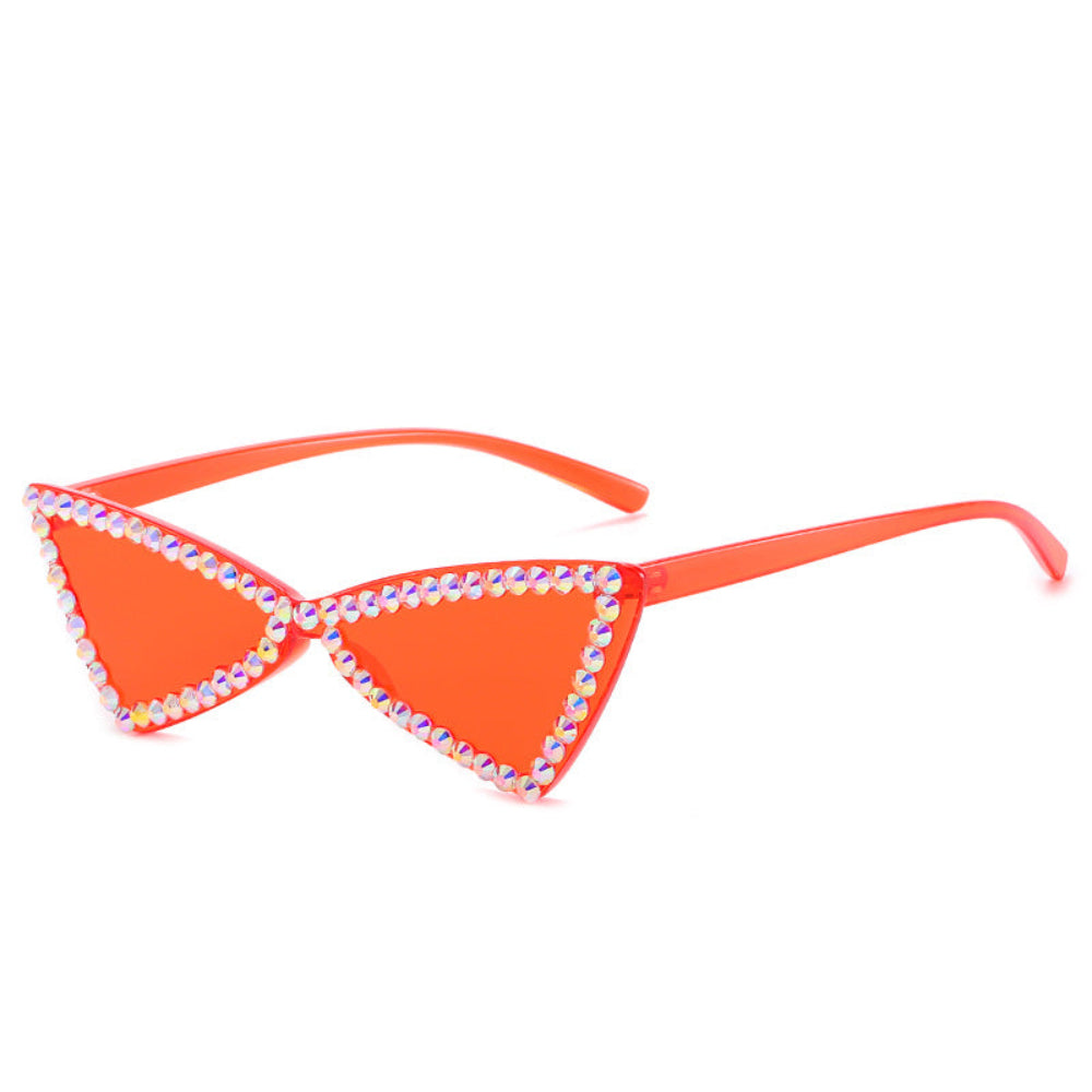 Orange triangle sunglasses with iridescent rhinestone frames, product photo on a white background.