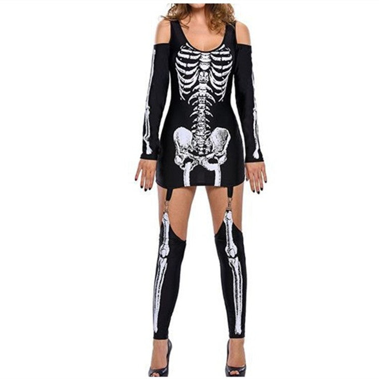 Skull Skeleton Print Off-Shoulder Costume - Halloween 2025
