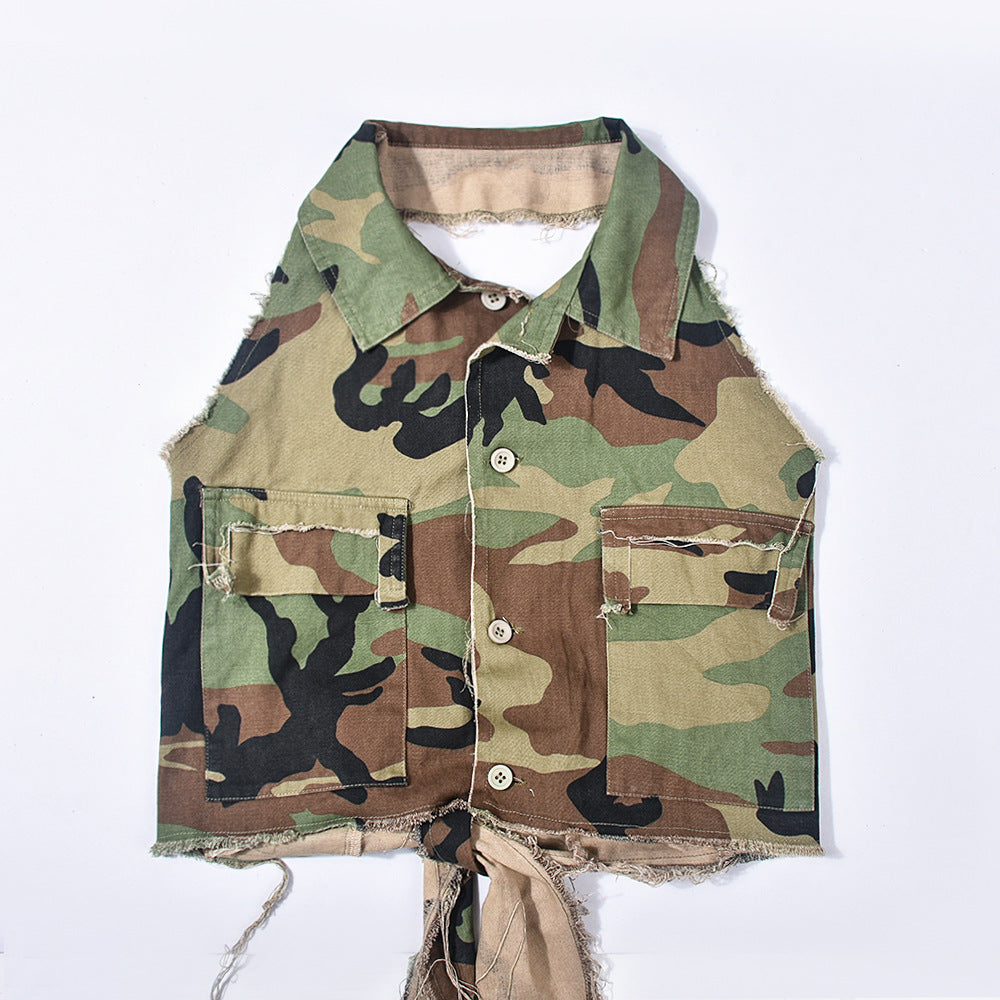 Camouflage Crop Vest - Green Military Print Button Front Collar Frayed Distressed Crop Top for Women