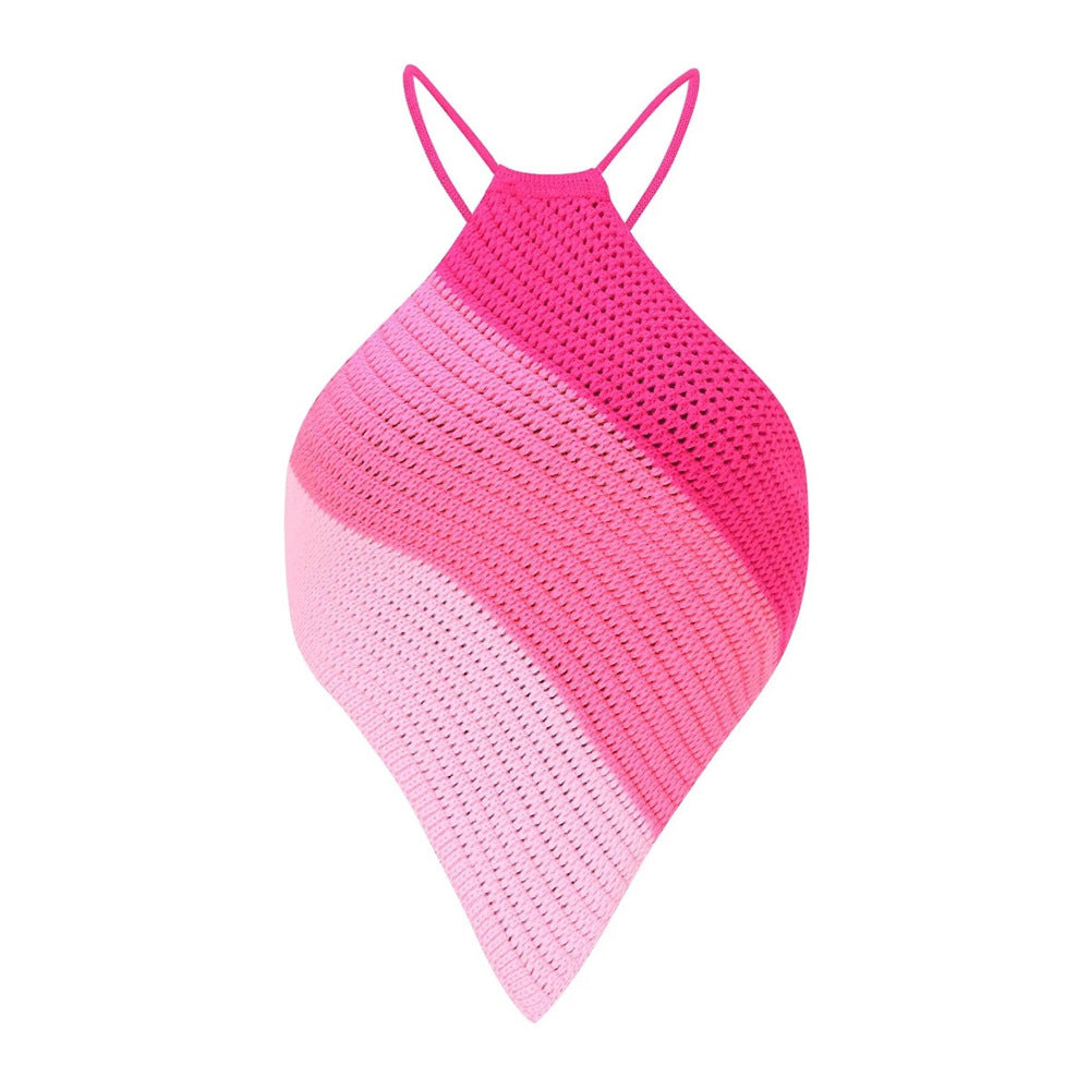 Pink ombre ribbed knit halter top with spaghetti straps on white background.