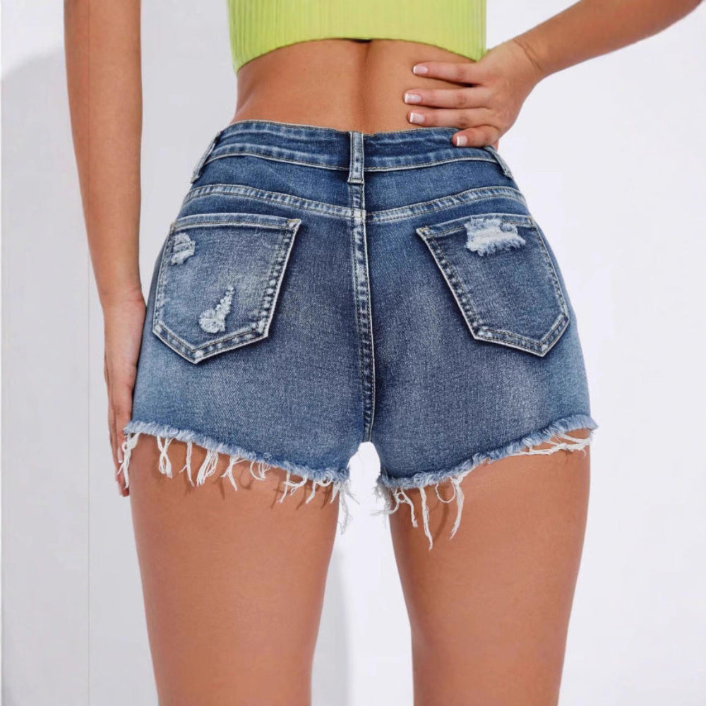 Light Blue Ripped Raw Hem High-Waist Pop Denim Shorts