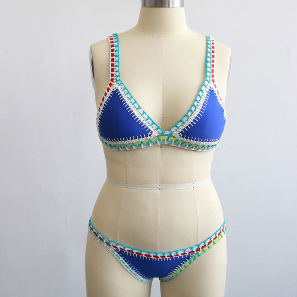 Blue bikini set with colorful contrast stitch trim on triangle top and bottom on mannequin.