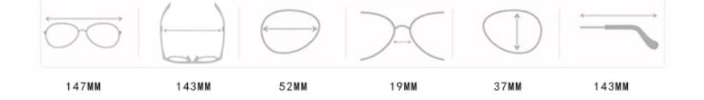 Sunglasses size chart: overall width 147 mm, frame width 143 mm, lens width 52 mm, bridge 19 mm, lens height 37 mm, temple length 143 mm.