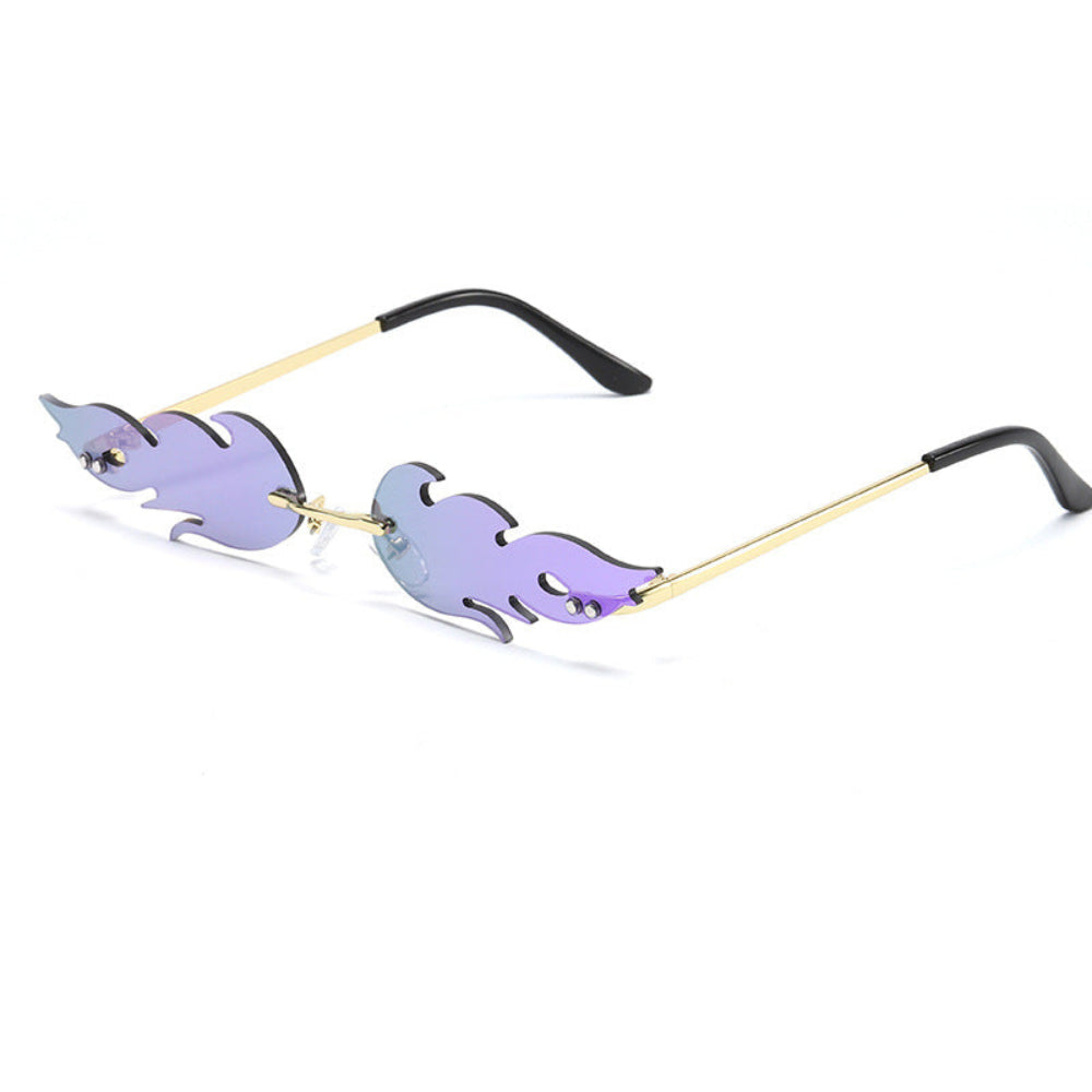 Rimless flame-shaped sunglasses with purple lenses and gold temples, product photo on a white background.