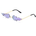 Rimless flame-shaped sunglasses with purple lenses and gold temples, product photo on a white background.