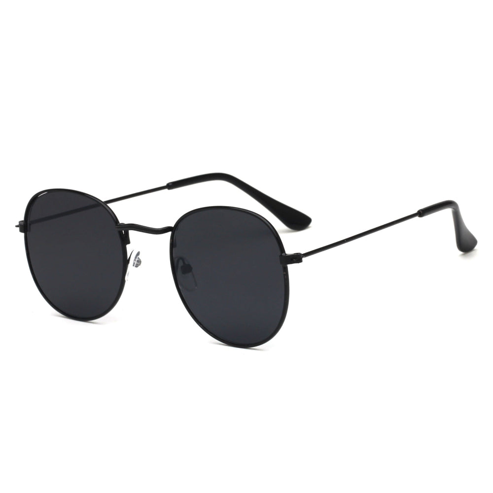 Stylish matte black metal round sunglasses featuring dark smoke tinted lenses and sleek black temple arms