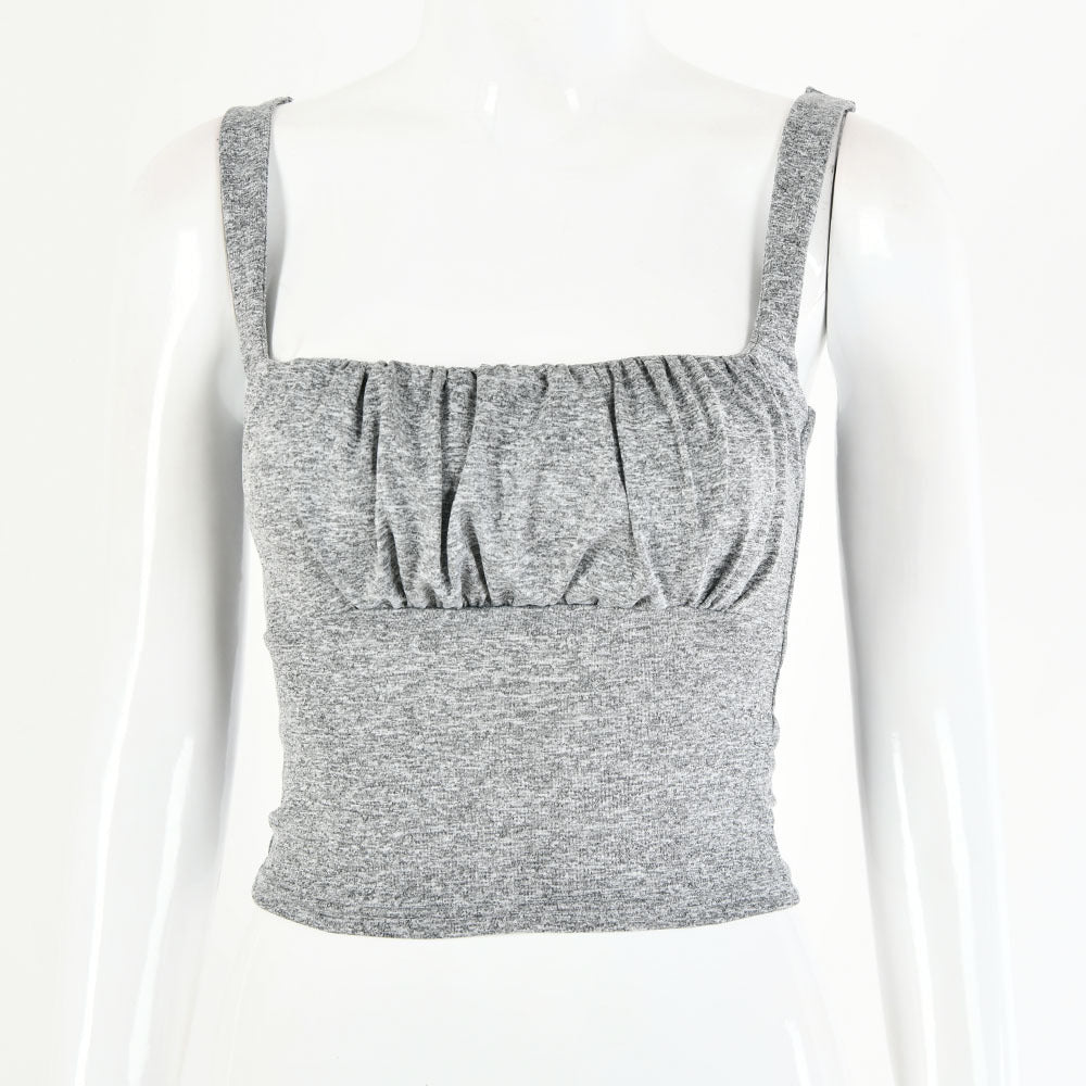 Grey Ruched Crop Top - Heather Gray Square Neck Spaghetti Strap Sleeveless Fitted Crop Top for Women