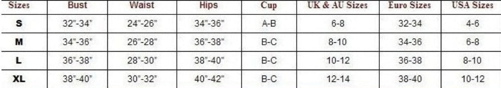 Swimwear size chart with Bust, Waist, Hips, Cup and international sizes for S, M, L, XL.