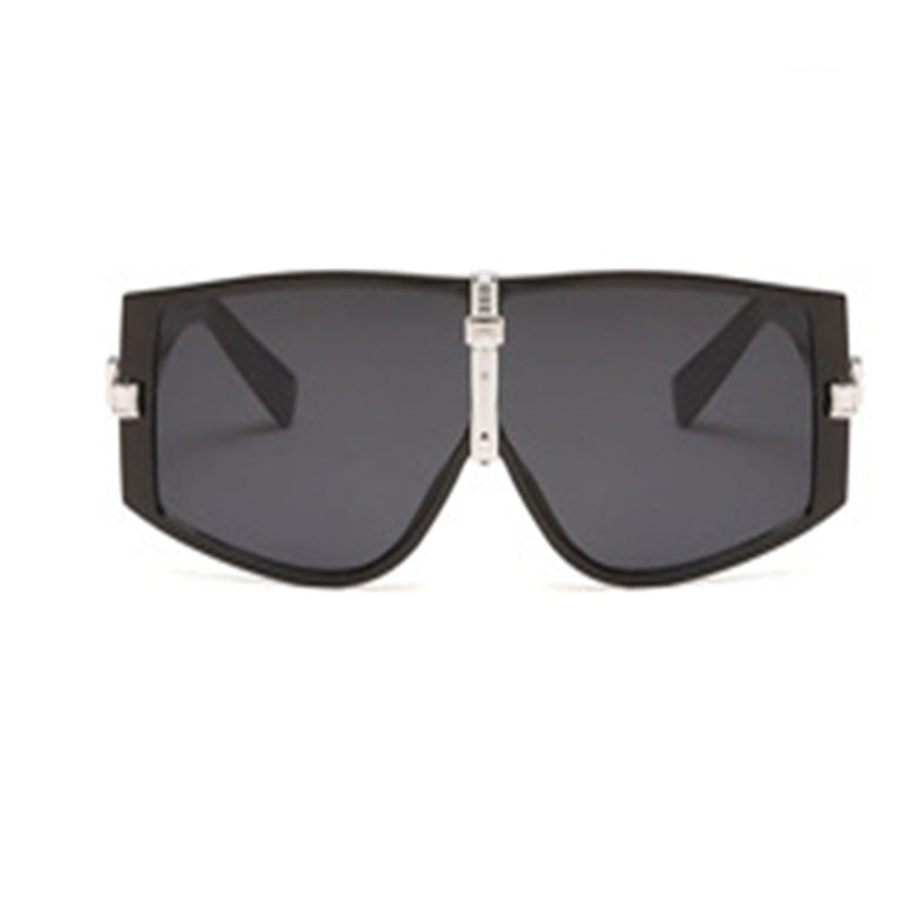 Bold black rectangular oversized shield sunglasses featuring a thick frame, futuristic visor design, silver metallic center bridge, and dark smoke tinted lenses