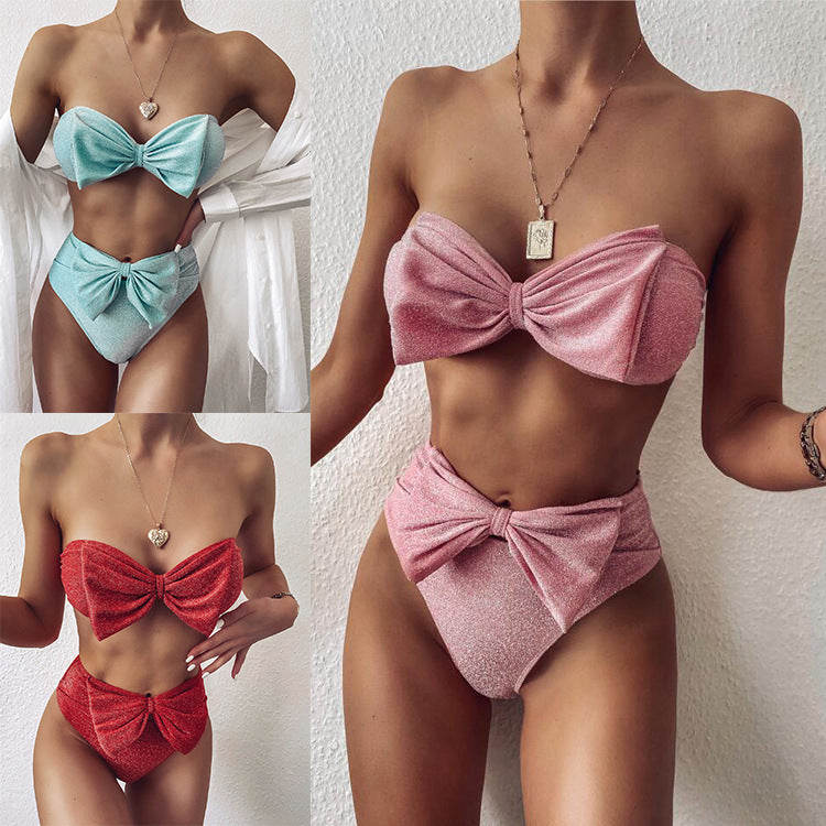 Glitter bow bikini set collection – red, pink and turquoise sparkle two-piece swimwear with bandeau bow top and matching high-waisted bow bottom.