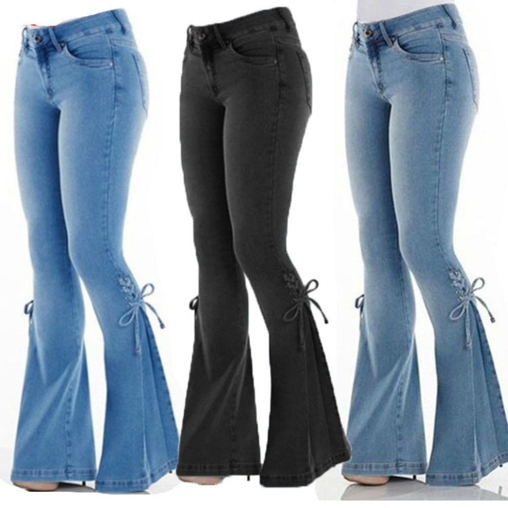 Collage of light blue and black flared jeans with side tie details at the flared hems, displayed on mannequins. Stylish casual denim fashion product photography for Boutique Jolie.