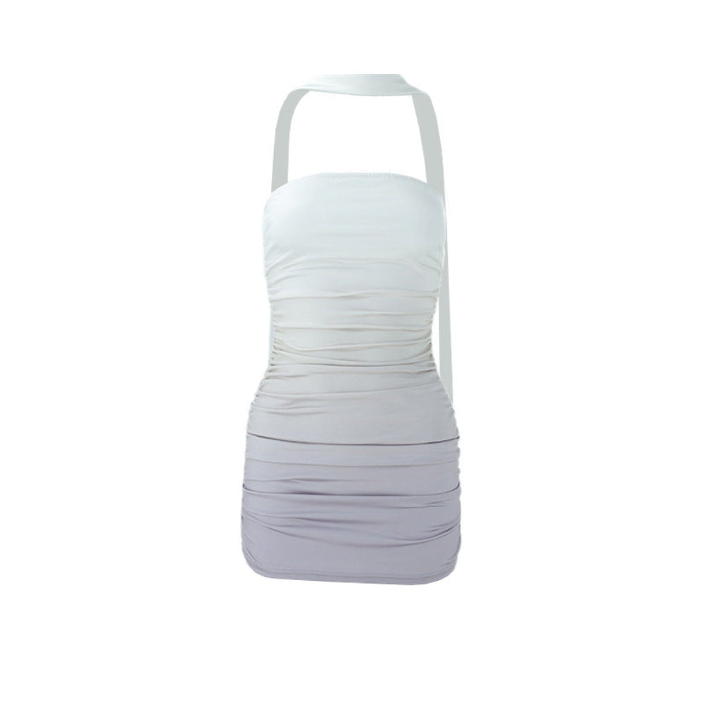 "White halter-neck bodycon mini dress with layered ruched design, displayed on a mannequin against a plain white background."