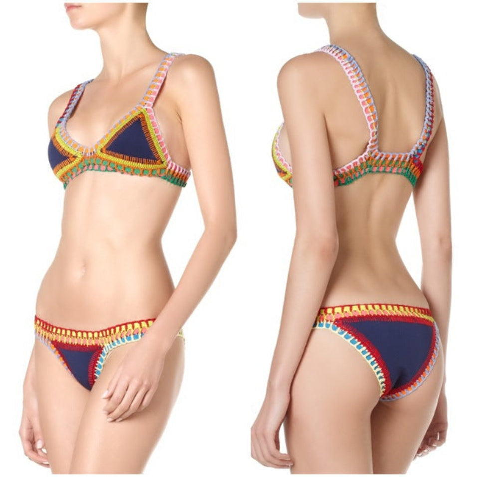 Navy blue bikini set with colorful contrast stitch trim on triangle top and bottom, front and back view.