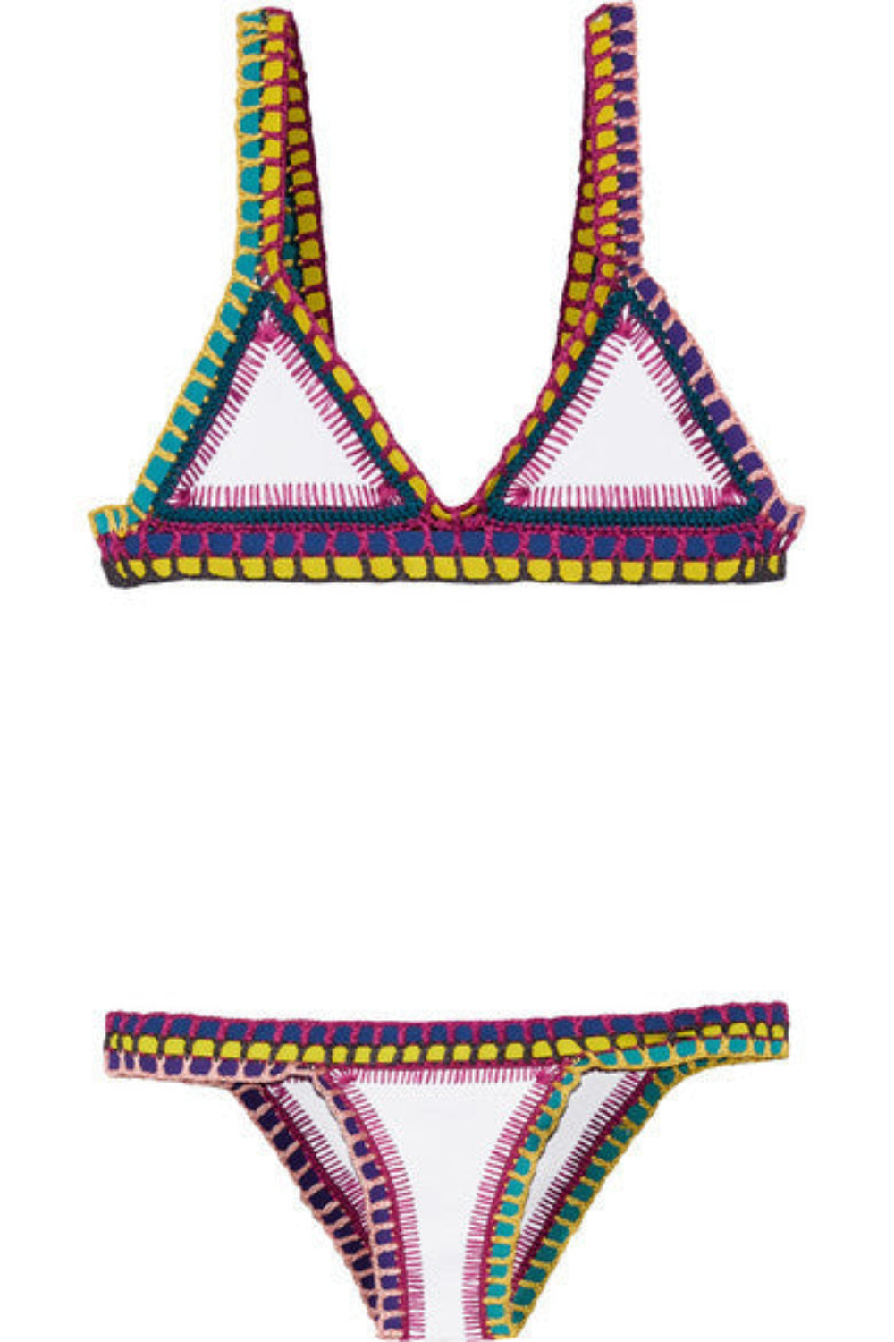 White bikini set with multi-color contrast stitch trim on triangle top and bottom.